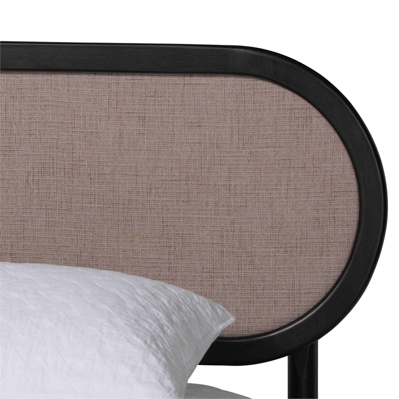 Baxton Studio Shirin Mid-Century Beige Fabric and Black Wood Queen Platform Bed