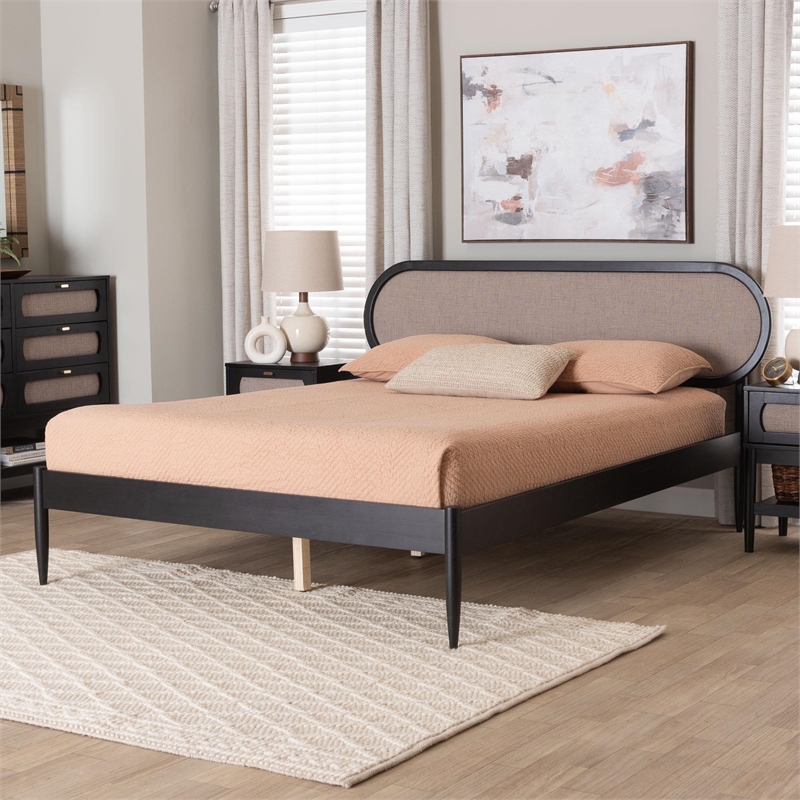 Baxton Studio Shirin Mid-Century Beige Fabric and Black Wood Queen Platform Bed