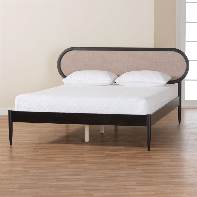 Baxton Studio Shirin Mid-Century Beige Fabric and Black Wood Queen Platform Bed