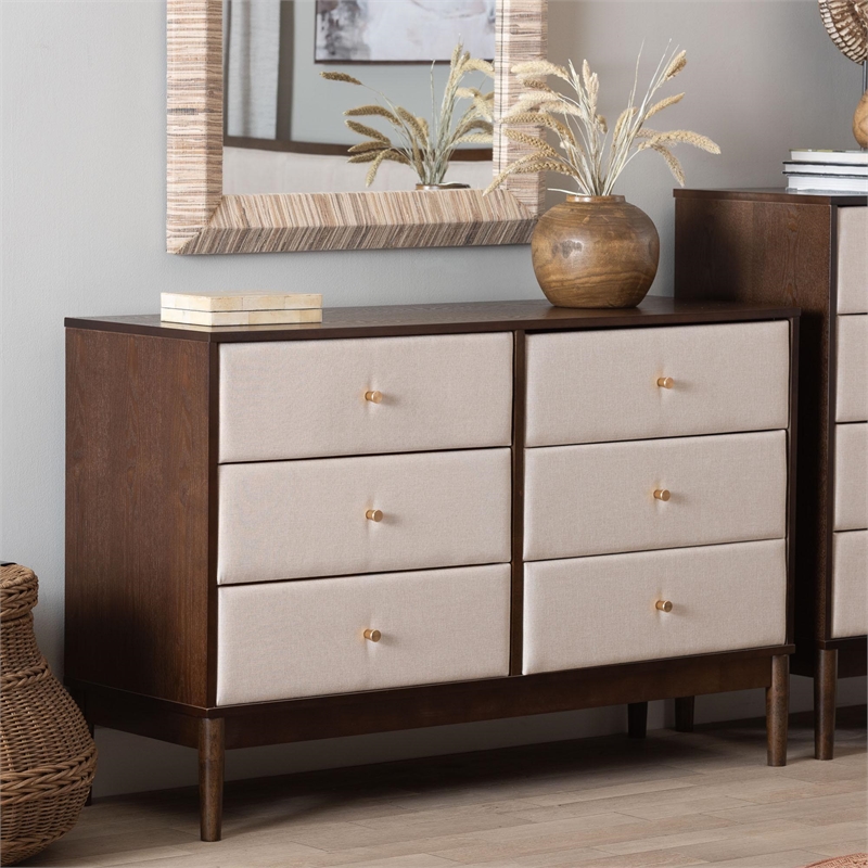 Baxton Studio Nikolai Beige Fabric and Wenge Brown Wood 6-Drawer Dresser