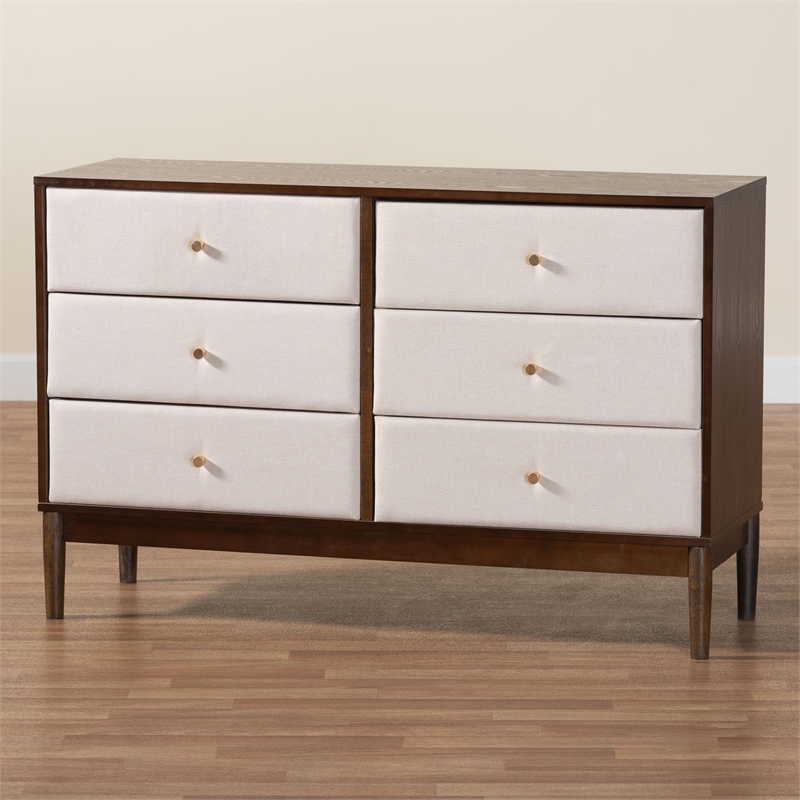 Baxton Studio Nikolai Beige Fabric and Wenge Brown Wood 6-Drawer Dresser