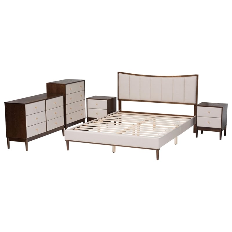 Baxton Studio Nikolai Beige Fabric and Brown Wood 5-Piece Queen Bedroom Set