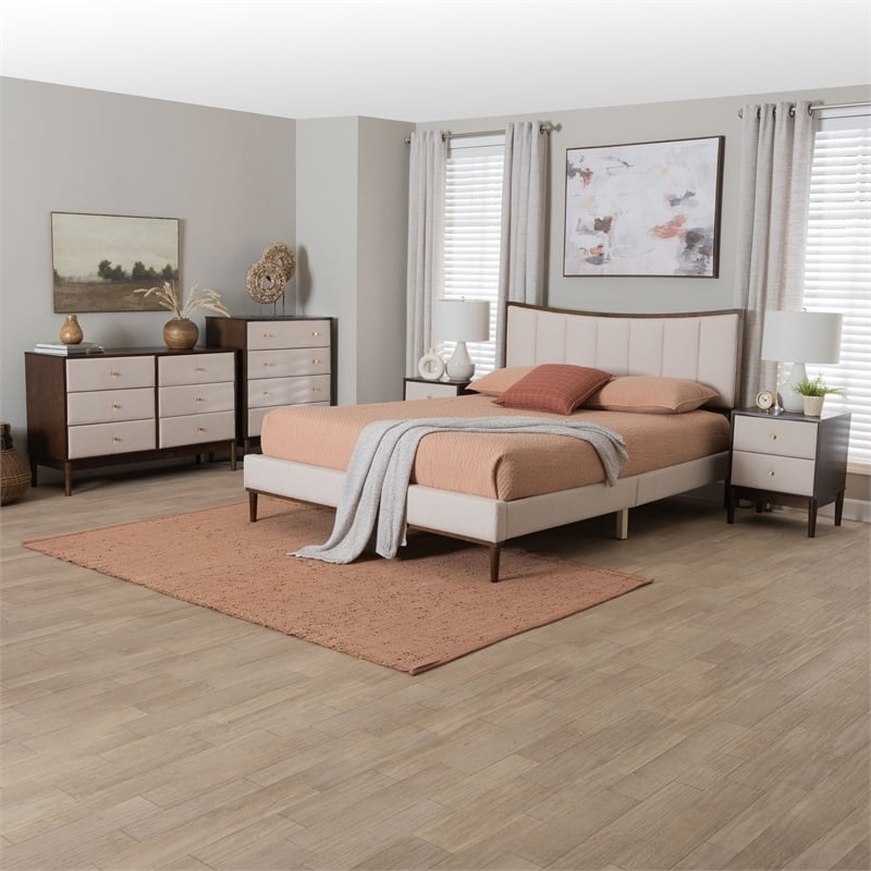 Baxton Studio Nikolai Beige Fabric and Brown Wood 5-Piece Queen Bedroom Set