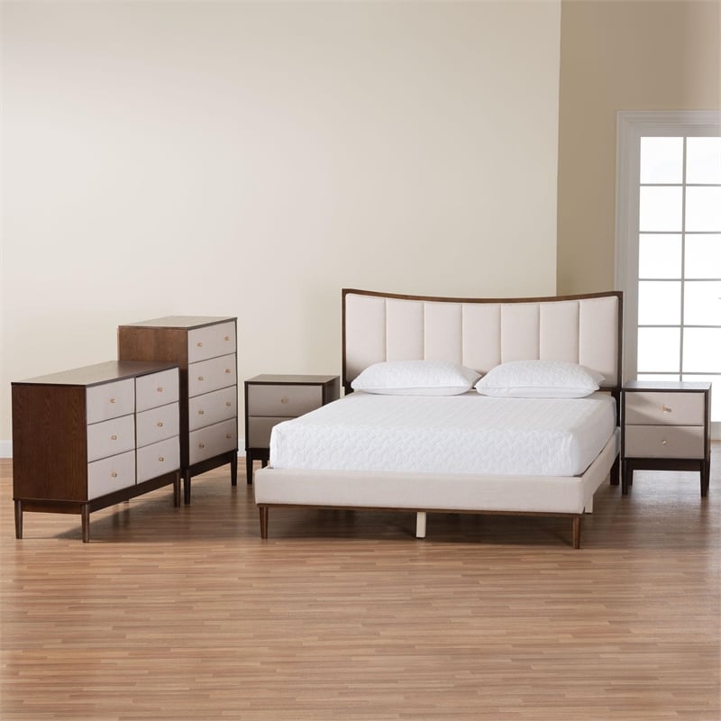 Baxton Studio Nikolai Beige Fabric and Brown Wood 5-Piece Queen Bedroom Set