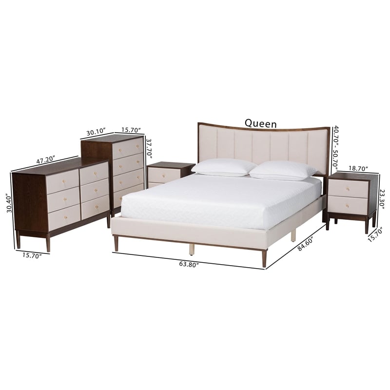 Baxton Studio Nikolai Beige Fabric and Brown Wood 5-Piece Queen Bedroom Set