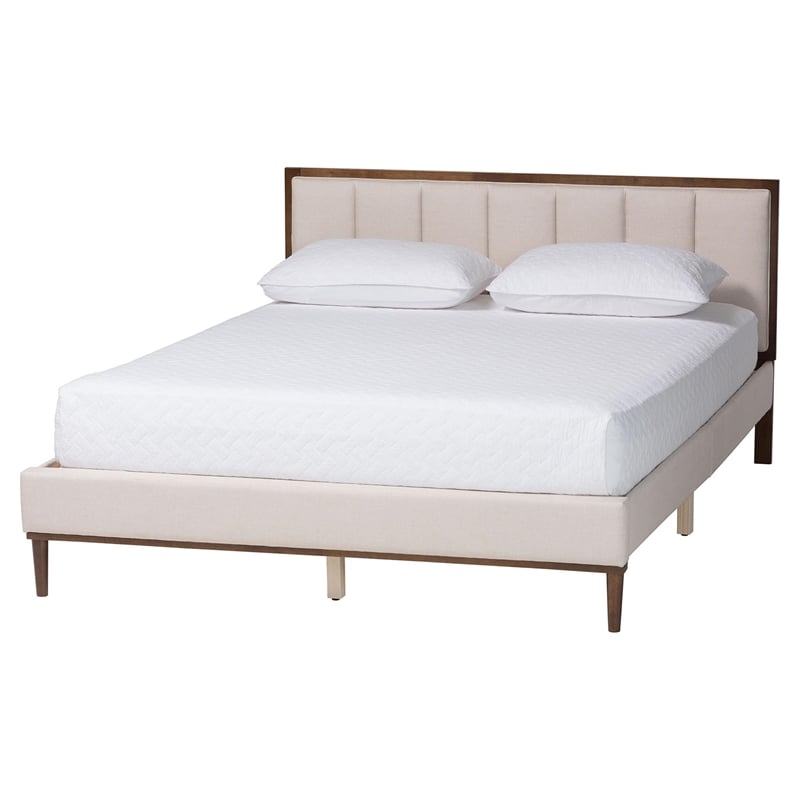 Baxton Studio Nikolai Beige Fabric and Brown Wood 5-Piece Queen Bedroom Set