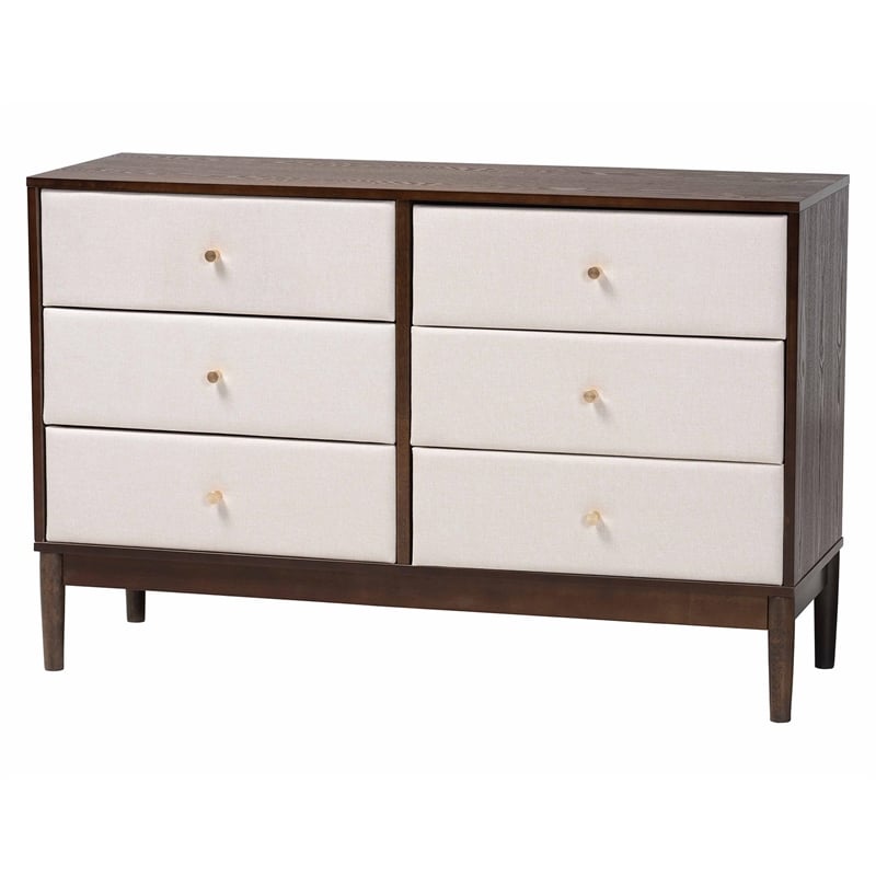 Baxton Studio Nikolai Beige Fabric and Brown Wood 5-Piece Queen Bedroom Set