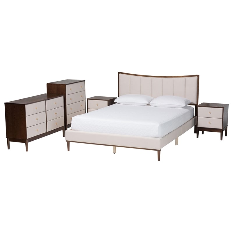 Baxton Studio Nikolai Beige Fabric and Brown Wood 5-Piece Queen Bedroom Set