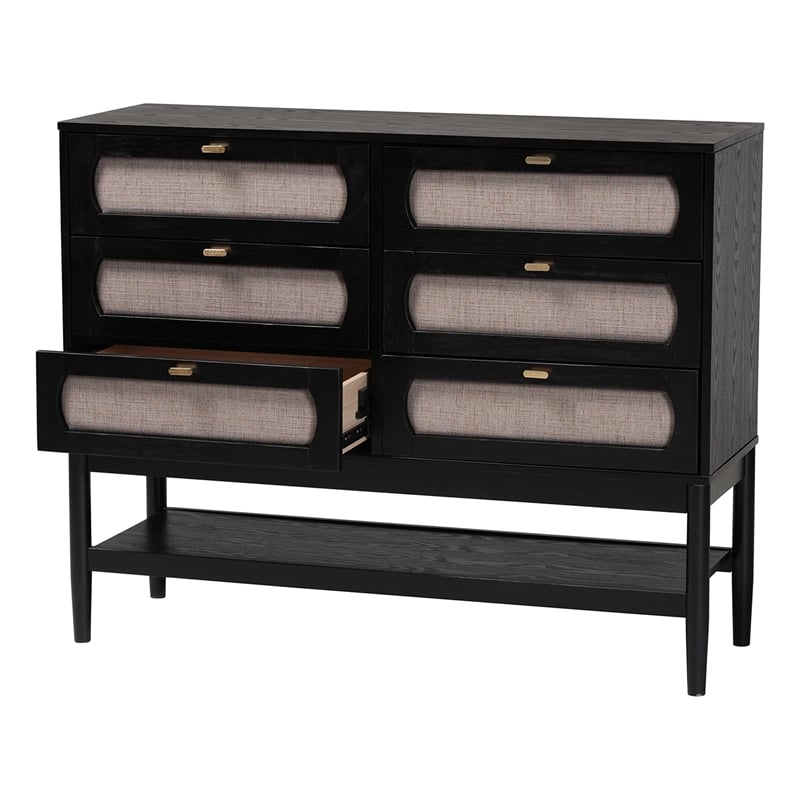 Baxton Studio Shirin Mid-Century Beige Fabric and Black Wood 6-Drawer Dresser