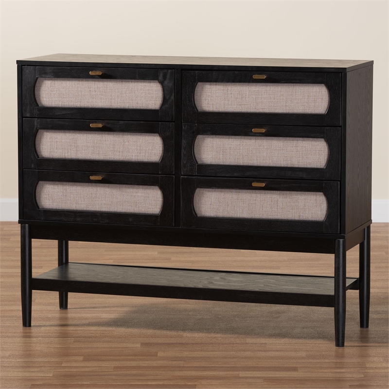 Baxton Studio Shirin Mid-Century Beige Fabric and Black Wood 6-Drawer Dresser