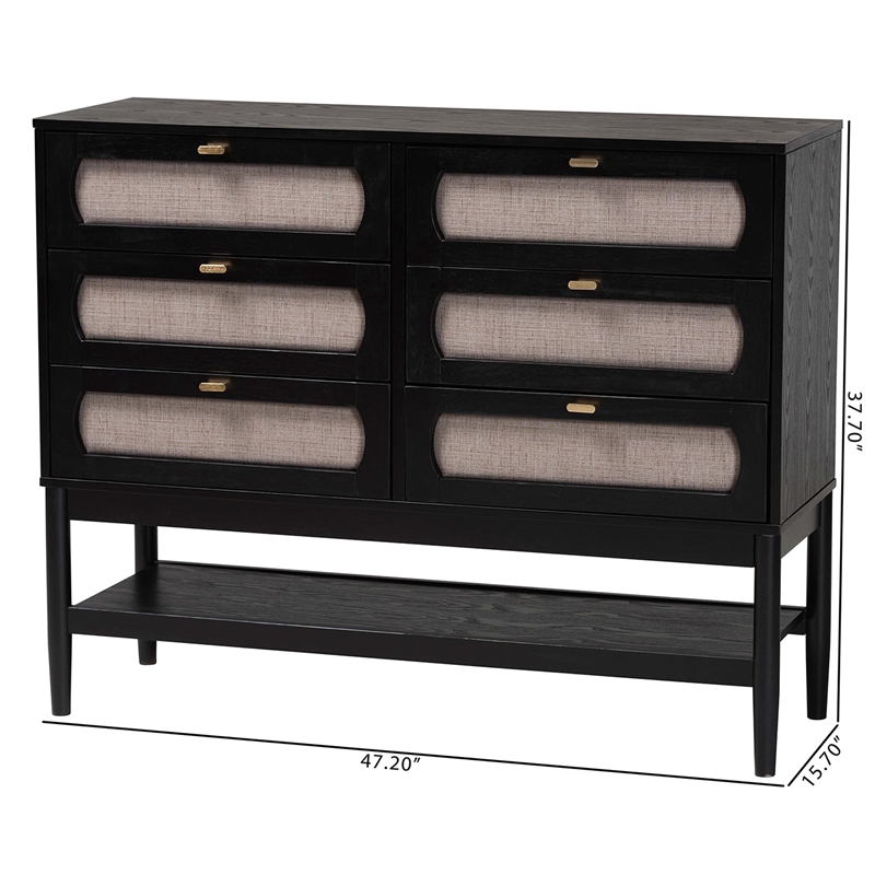 Baxton Studio Shirin Mid-Century Beige Fabric and Black Wood 6-Drawer Dresser