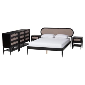 Baxton Studio Shirin Beige Fabric and Black Wood Queen 5-Piece Bedroom Set