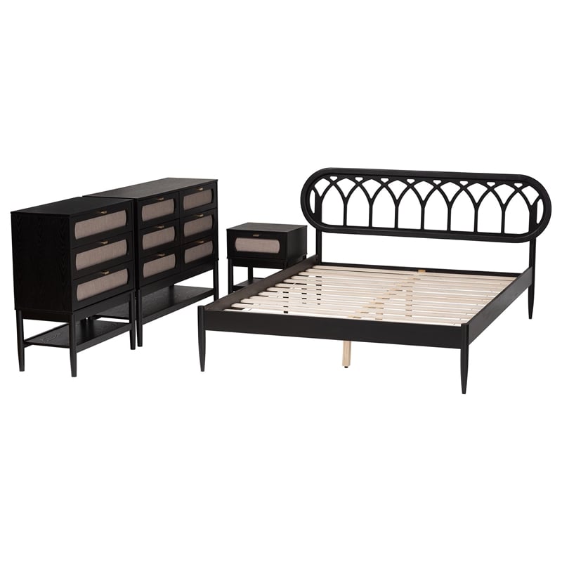Baxton Studio Florica Art Deco Black Wood Queen 4-Piece Bedroom Set