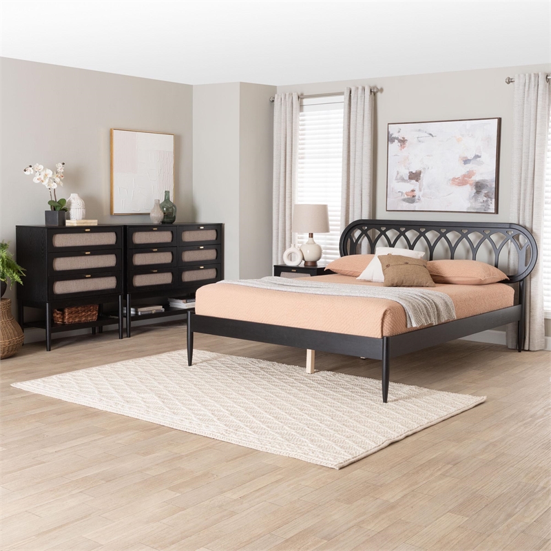 Baxton Studio Florica Art Deco Black Wood Queen 4-Piece Bedroom Set