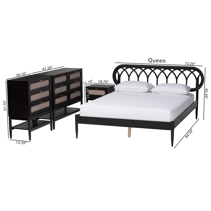 Baxton Studio Florica Art Deco Black Wood Queen 4-Piece Bedroom Set
