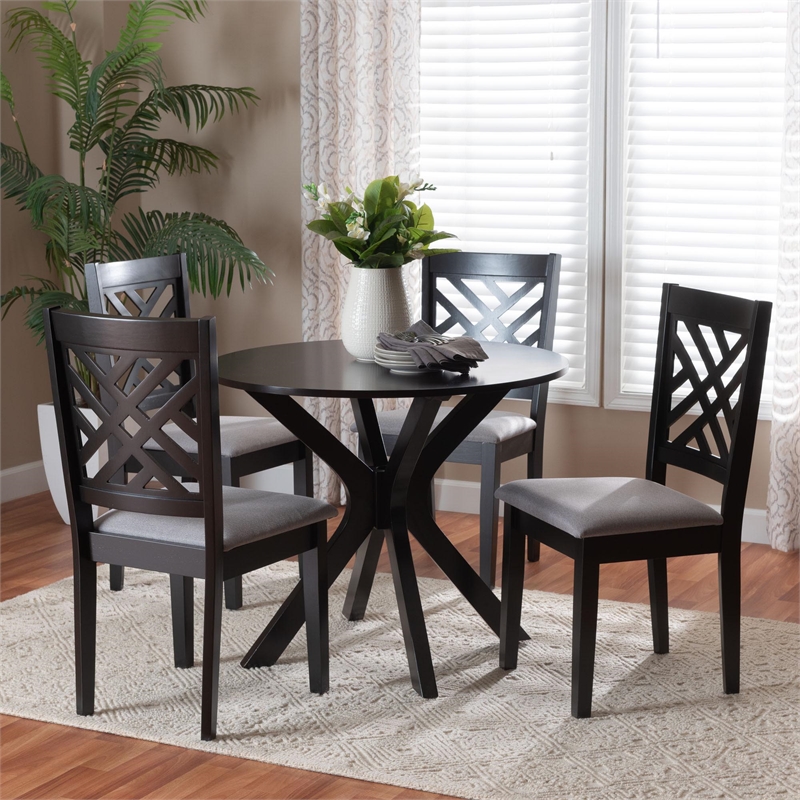 Baxton Studio Norah Gray Fabric and Dark Brown Finished Wood 5-Piece Dining Set