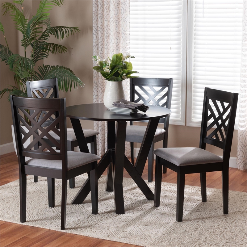 Baxton Studio Elise Gray Fabric and Dark Brown Finished Wood 5-Piece Dining Set