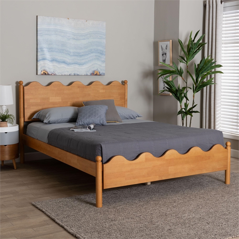 Baxton Studio Malaya Oak Brown Wood Queen Platform Bed with Scalloped Edges