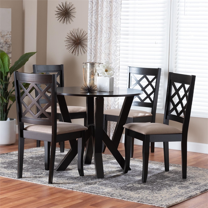 Baxton Studio Adina Modern Sand Fabric and Dark Brown Wood 5-Piece Dining Set