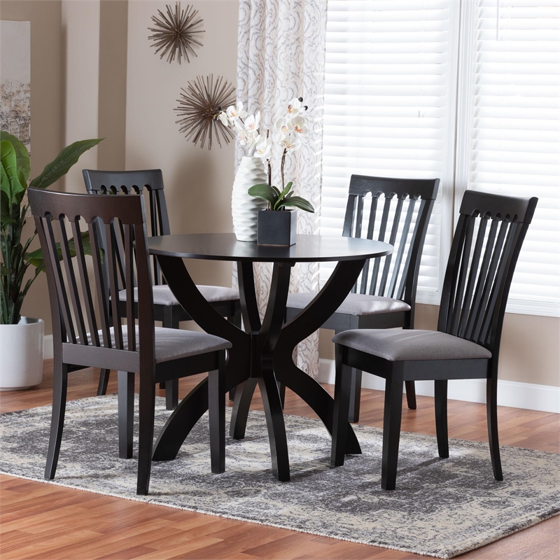 Baxton Studio Bailey Grey Fabric and Dark Brown Wood 5-Piece Dining Set
