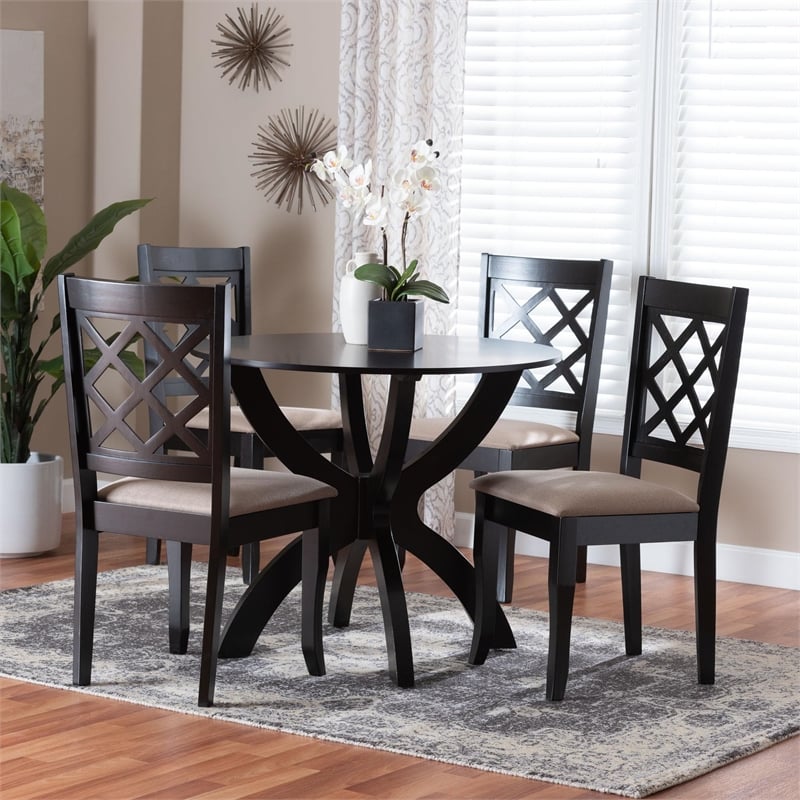 Baxton Studio Savina Modern Sand Fabric and Dark Brown Wood 5-Piece Dining Set