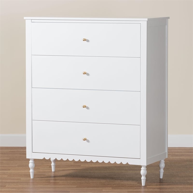 Baxton Studio Roni Modern White Wood 4-Drawer Chest with Scalloped Edges