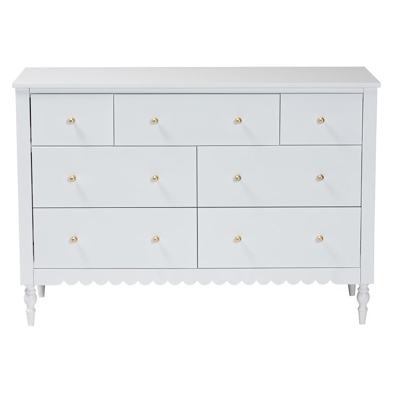Baxton Studio Roni Modern White Wood 7-Drawer Dresser with Scalloped Edges