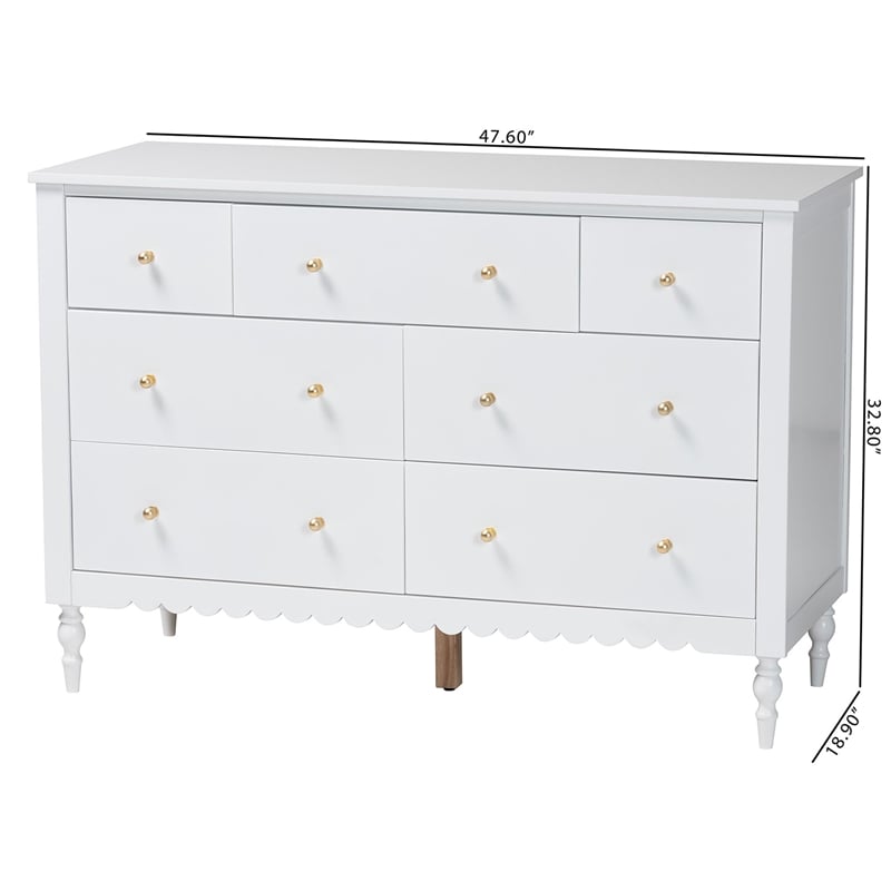 Baxton Studio Roni Modern White Wood 7-Drawer Dresser with Scalloped Edges