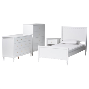 Baxton Studio Roni White Wood 4-Piece Twin Bedroom Set with Scalloped Edges