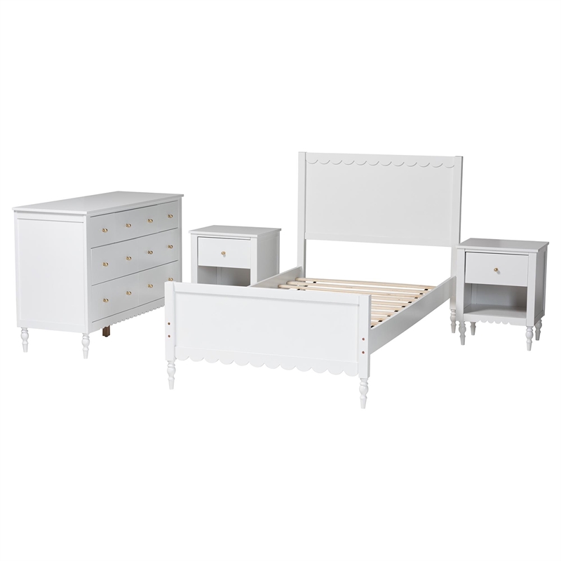 Baxton Studio Roni White Wood 4-Piece Full Bedroom Set with Two Nightstands