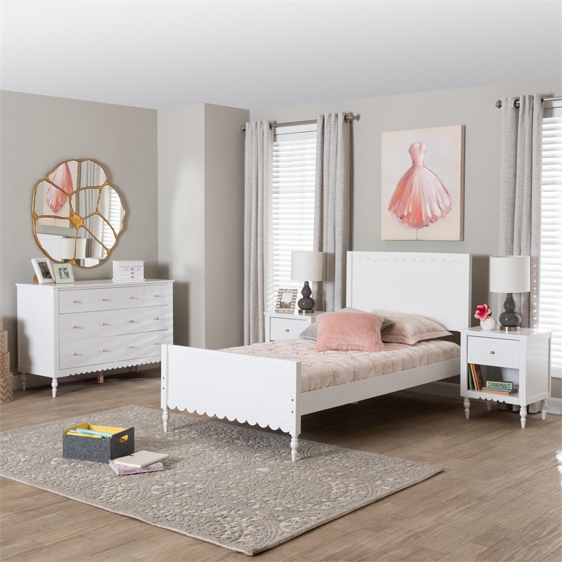 Baxton Studio Roni White Wood 4-Piece Full Bedroom Set with Two Nightstands