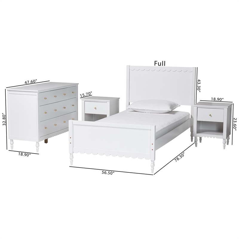 Baxton Studio Roni White Wood 4-Piece Full Bedroom Set with Two Nightstands