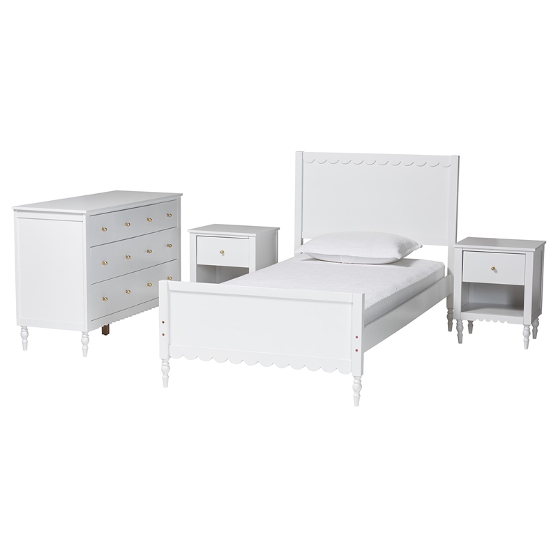 Baxton Studio Roni White Wood 4-Piece Full Bedroom Set with Two Nightstands