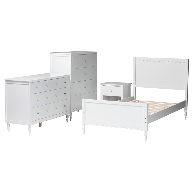 Baxton Studio Roni White Wood 4-Piece Full Bedroom Set with Scalloped Edges