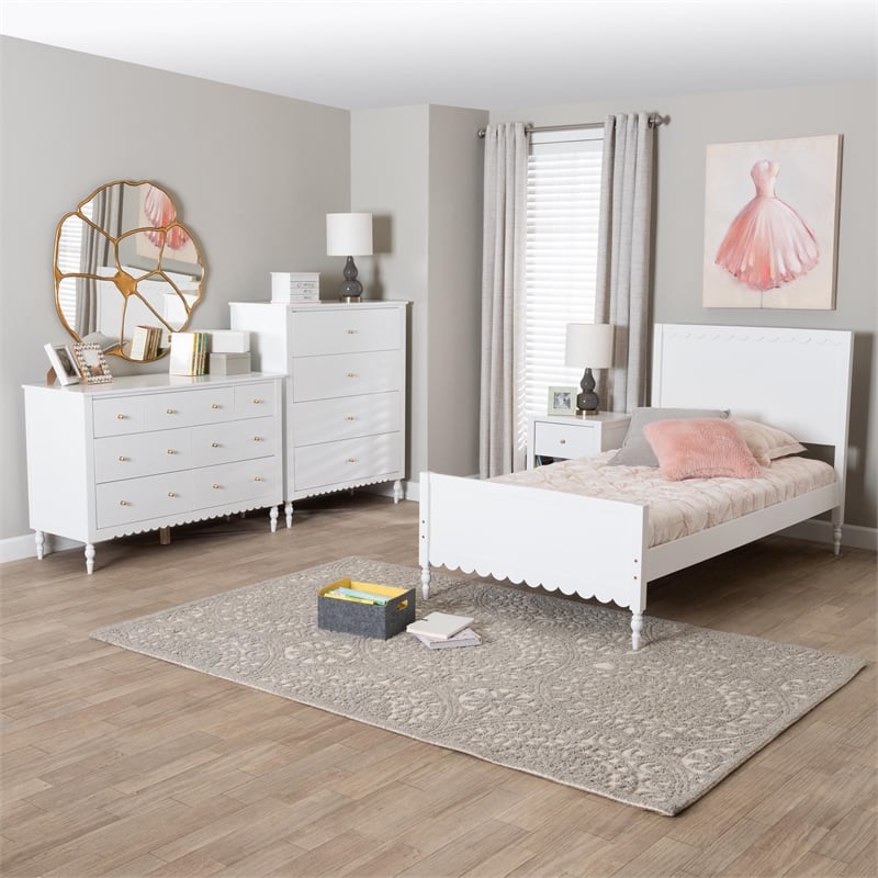 Baxton Studio Roni White Wood 4-Piece Full Bedroom Set with Scalloped Edges