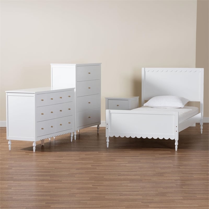 Baxton Studio Roni White Wood 4-Piece Full Bedroom Set with Scalloped Edges