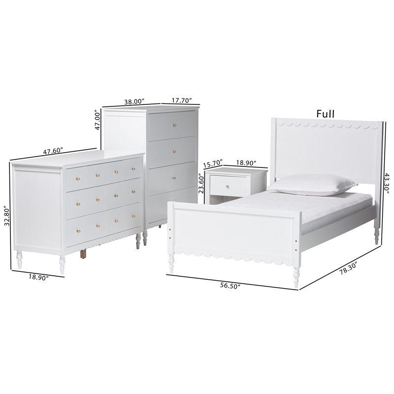 Baxton Studio Roni White Wood 4-Piece Full Bedroom Set with Scalloped Edges