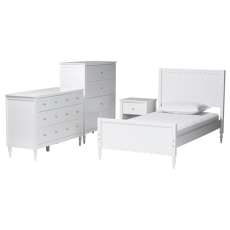 Baxton Studio Roni White Wood 4-Piece Full Bedroom Set with Scalloped Edges
