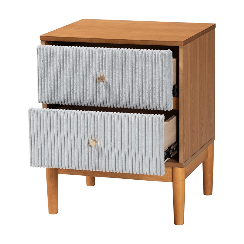 Baxton Studio Taylin Gray Corduroy and Oak Brown Wood 2-Drawer Nightstand