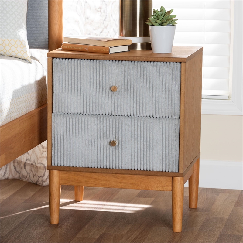 Baxton Studio Taylin Gray Corduroy and Oak Brown Wood 2-Drawer Nightstand