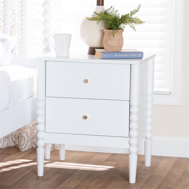 Baxton Studio Lucera Mid-Century White 2-Drawer Bobbin Nightstand