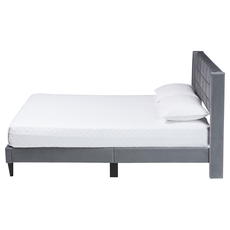 Baxton Studio Payne Modern Glam Gray Velvet and Dark Brown Wood Queen Bed