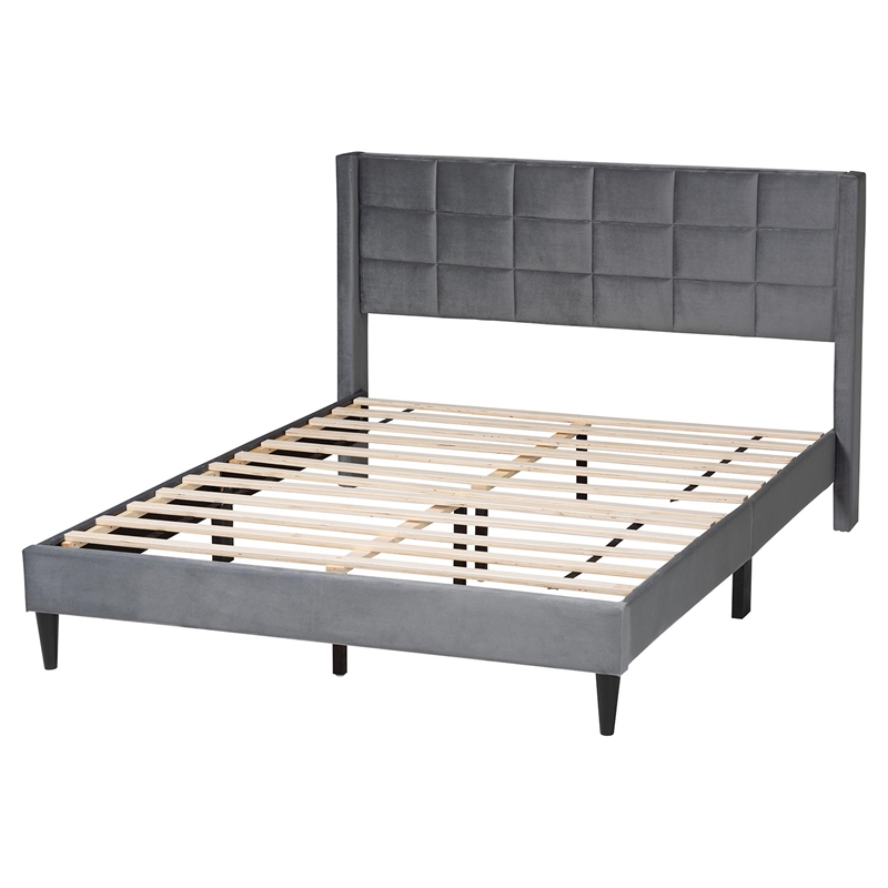 Baxton Studio Payne Modern Glam Gray Velvet and Dark Brown Wood Queen Bed
