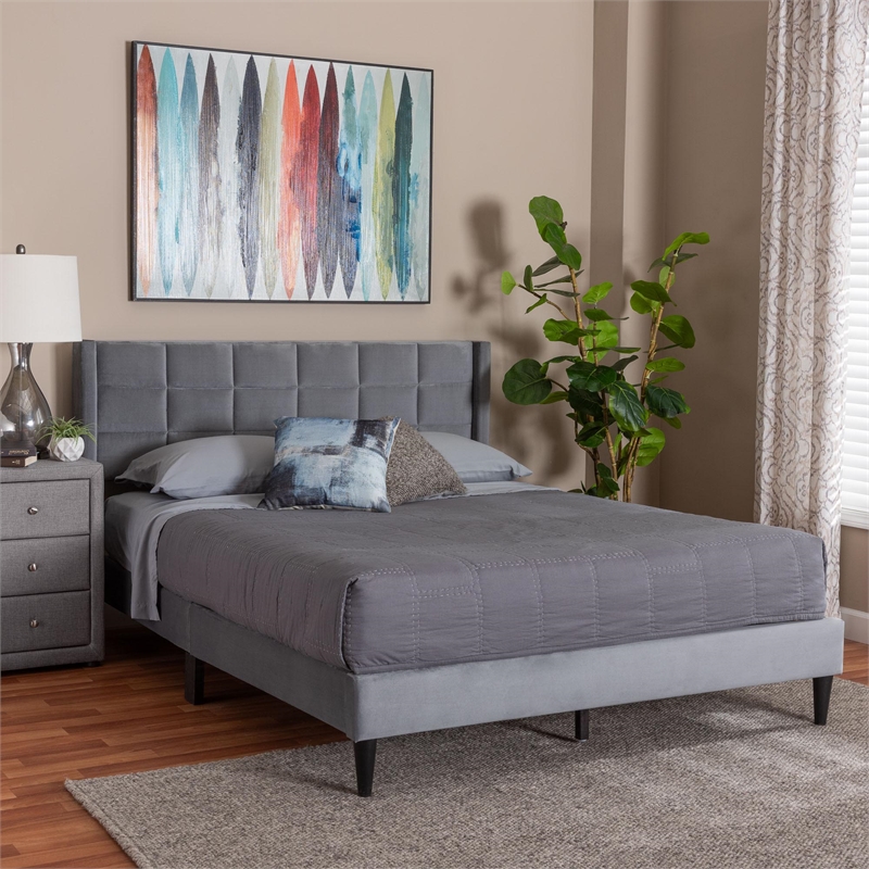 Baxton Studio Payne Modern Glam Gray Velvet and Dark Brown Wood Queen Bed