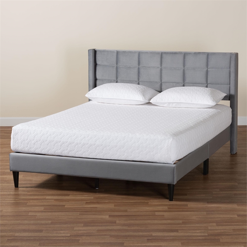 Baxton Studio Payne Modern Glam Gray Velvet and Dark Brown Wood Queen Bed