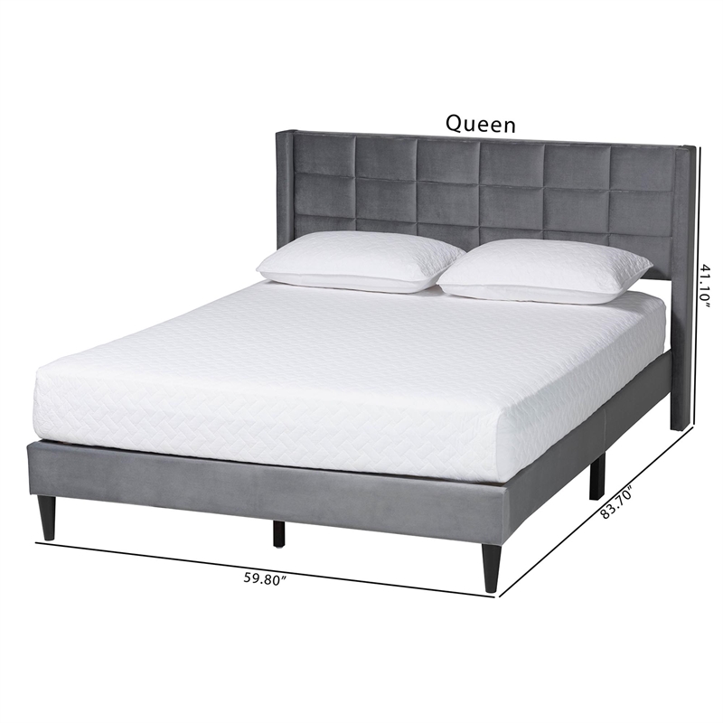 Baxton Studio Payne Modern Glam Gray Velvet and Dark Brown Wood Queen Bed