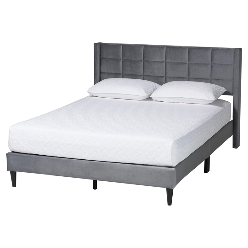 Baxton Studio Payne Modern Glam Gray Velvet and Dark Brown Wood Queen Bed