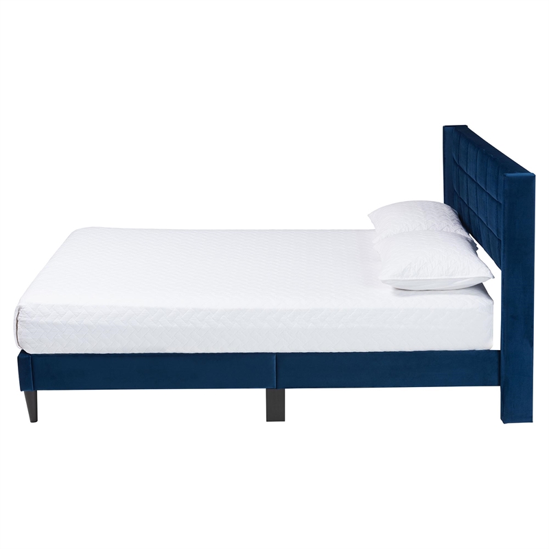 Baxton Studio Payne Modern Glam Navy Blue Velvet and Dark Brown Wood Queen Bed