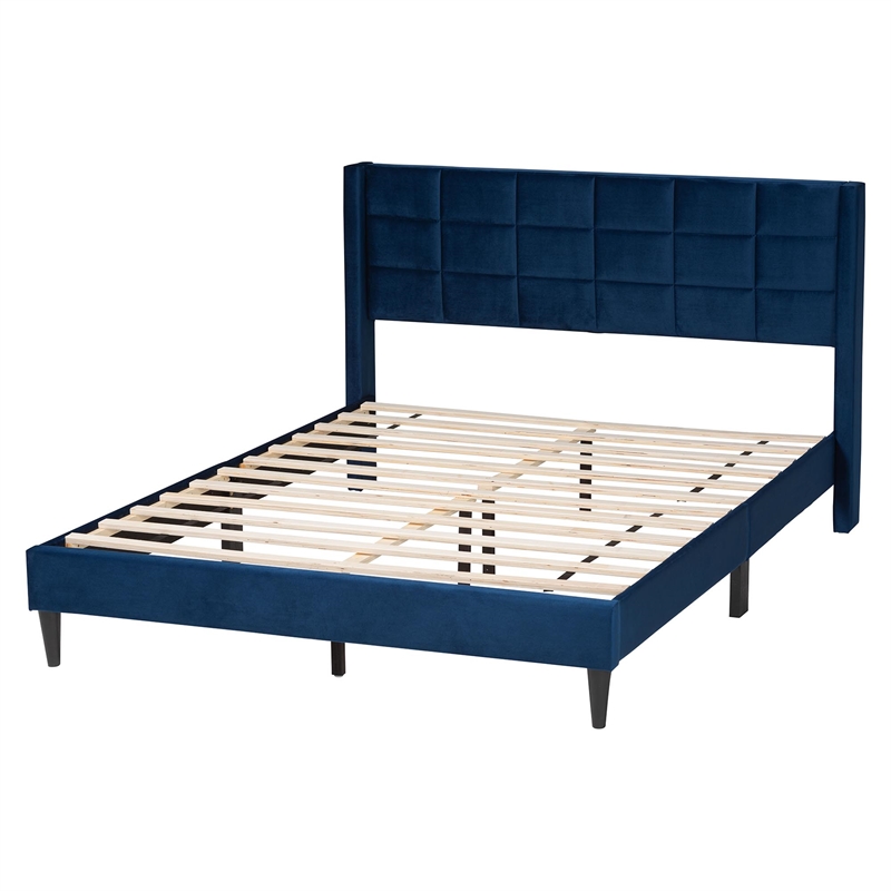Baxton Studio Payne Modern Glam Navy Blue Velvet and Dark Brown Wood Queen Bed