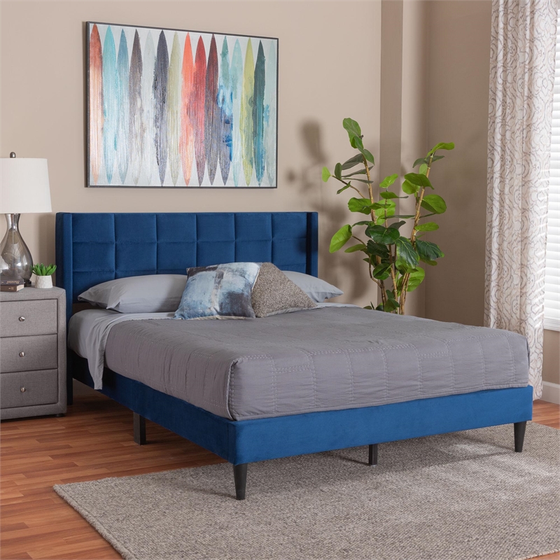 Baxton Studio Payne Modern Glam Navy Blue Velvet and Dark Brown Wood Queen Bed